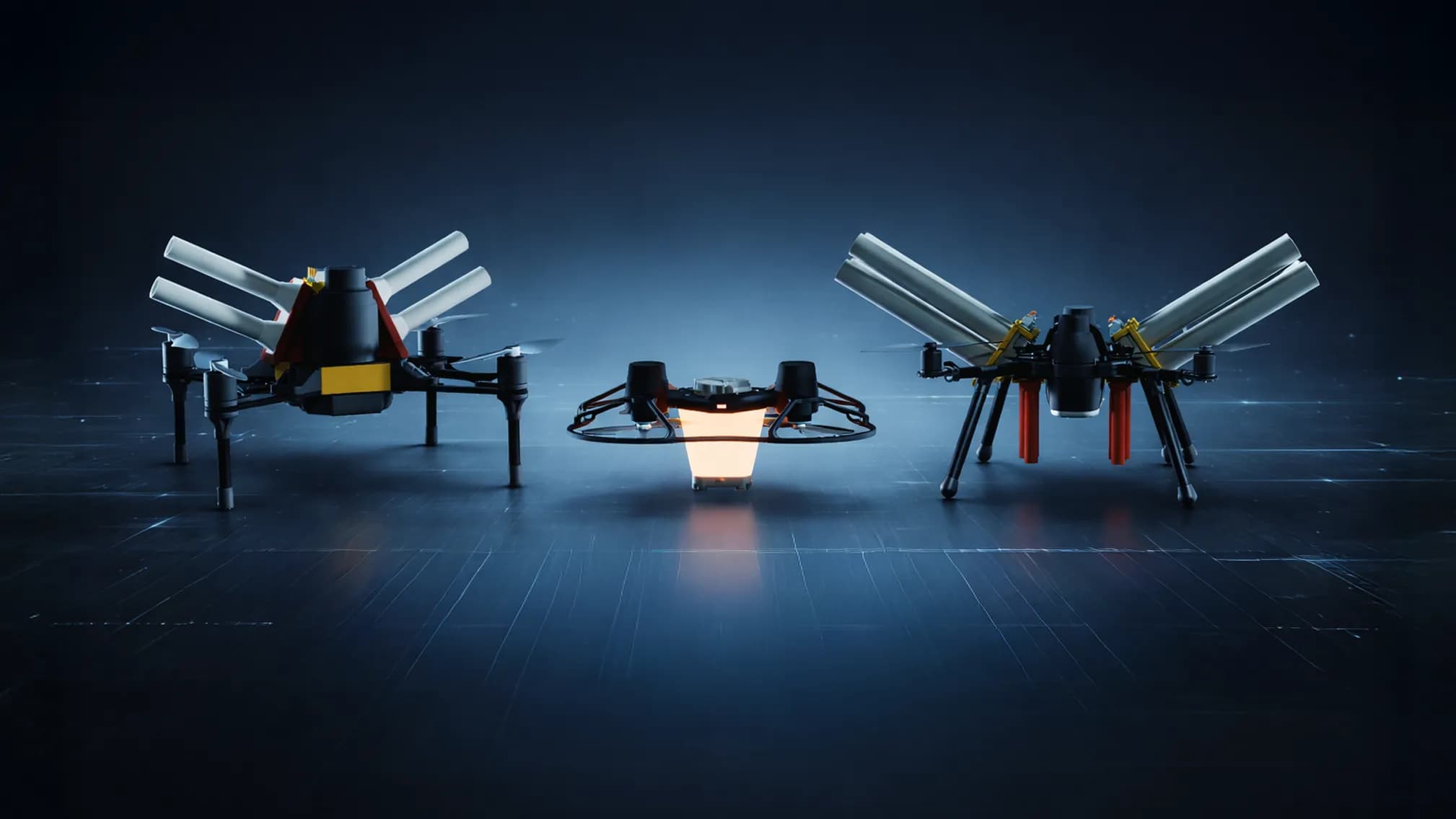 The FLYSTACK hardware platform — three proprietary drones staged in a dark studio