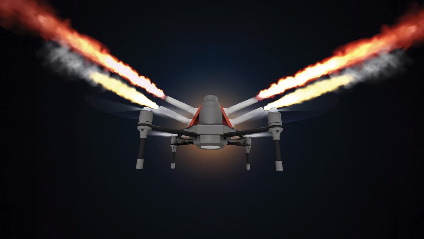 FLYSTACK MD6 drone trailing pyrotechnic fire against a black sky