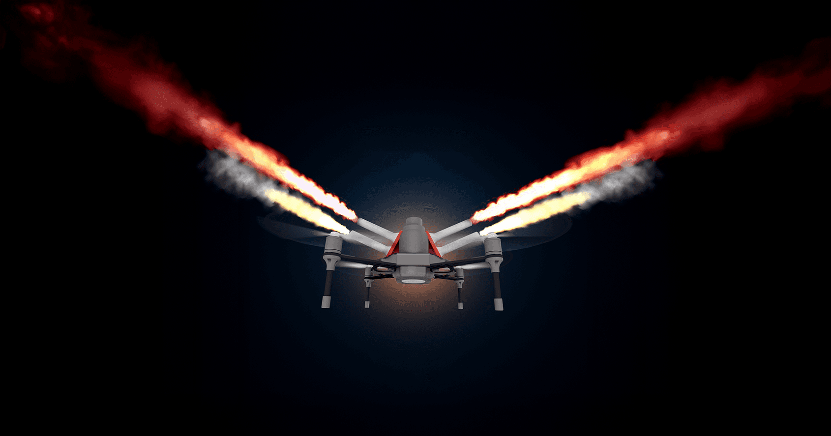 MD6 drone in flight trailing pyrotechnic fire
