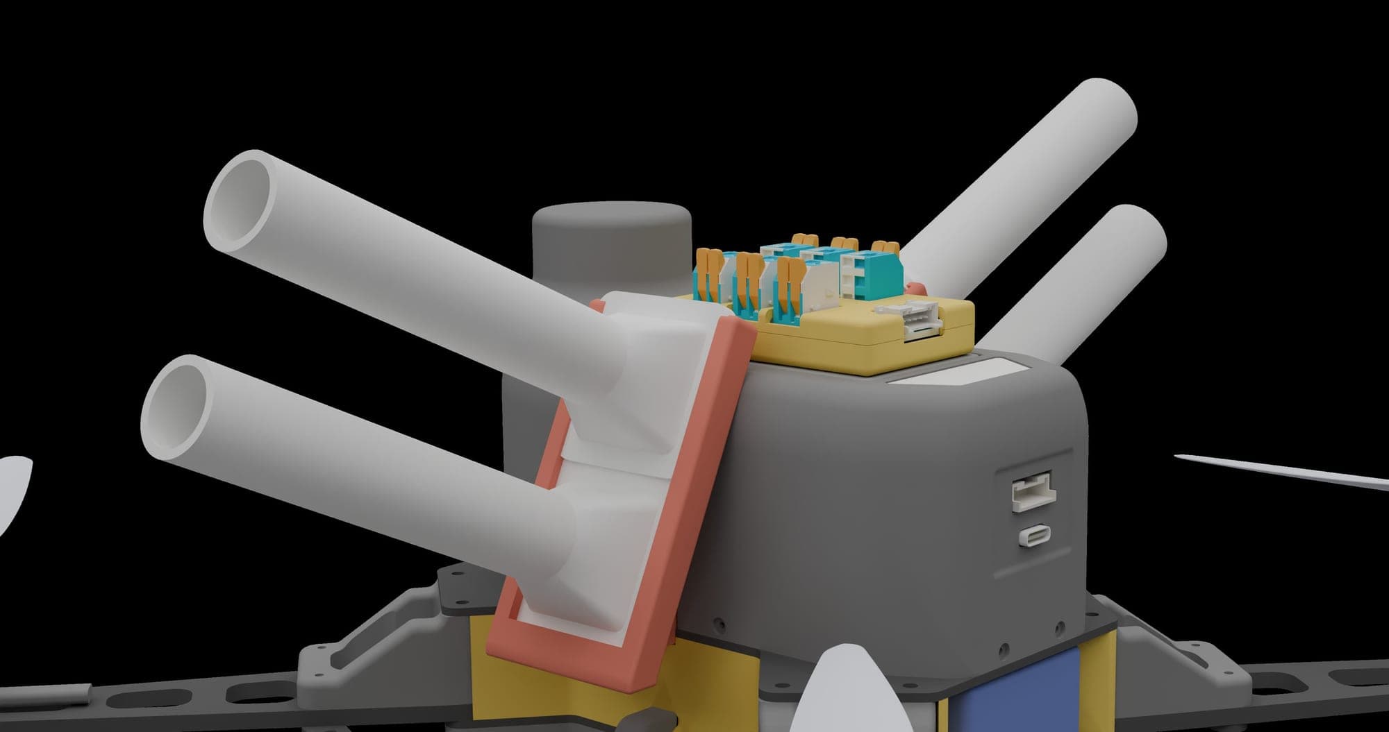 MD6 pyrotechnic tubes and electronics, close up