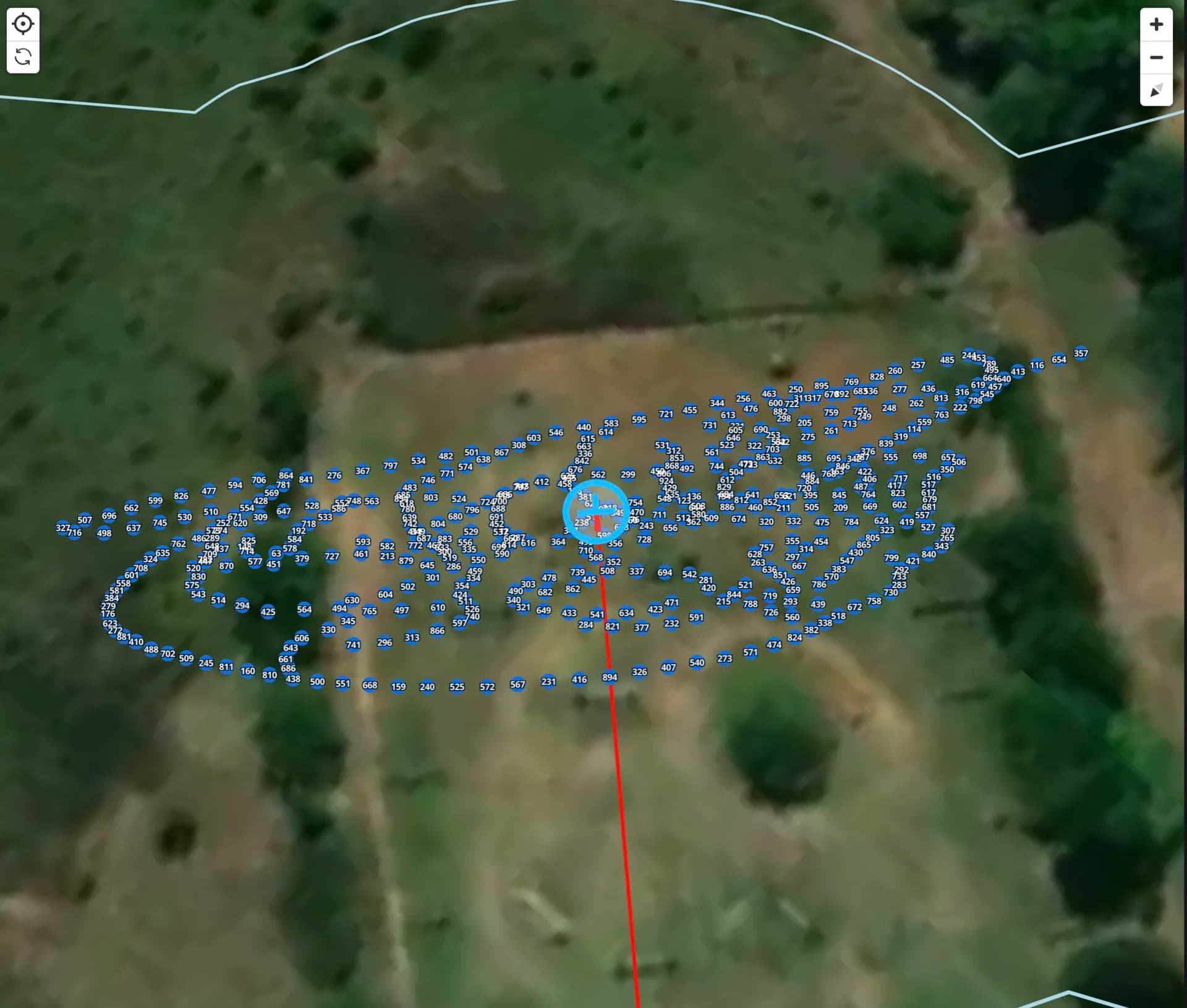 PILOT 2D map view — 450 drones on the launch grid over satellite imagery with the geofence drawn in blue