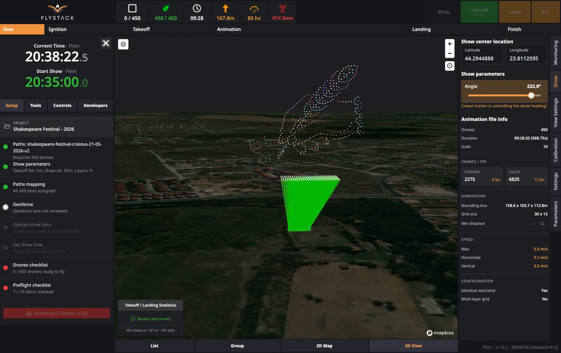 PILOT 3D view — three-dimensional scene with the launch fan rising into the first show frame