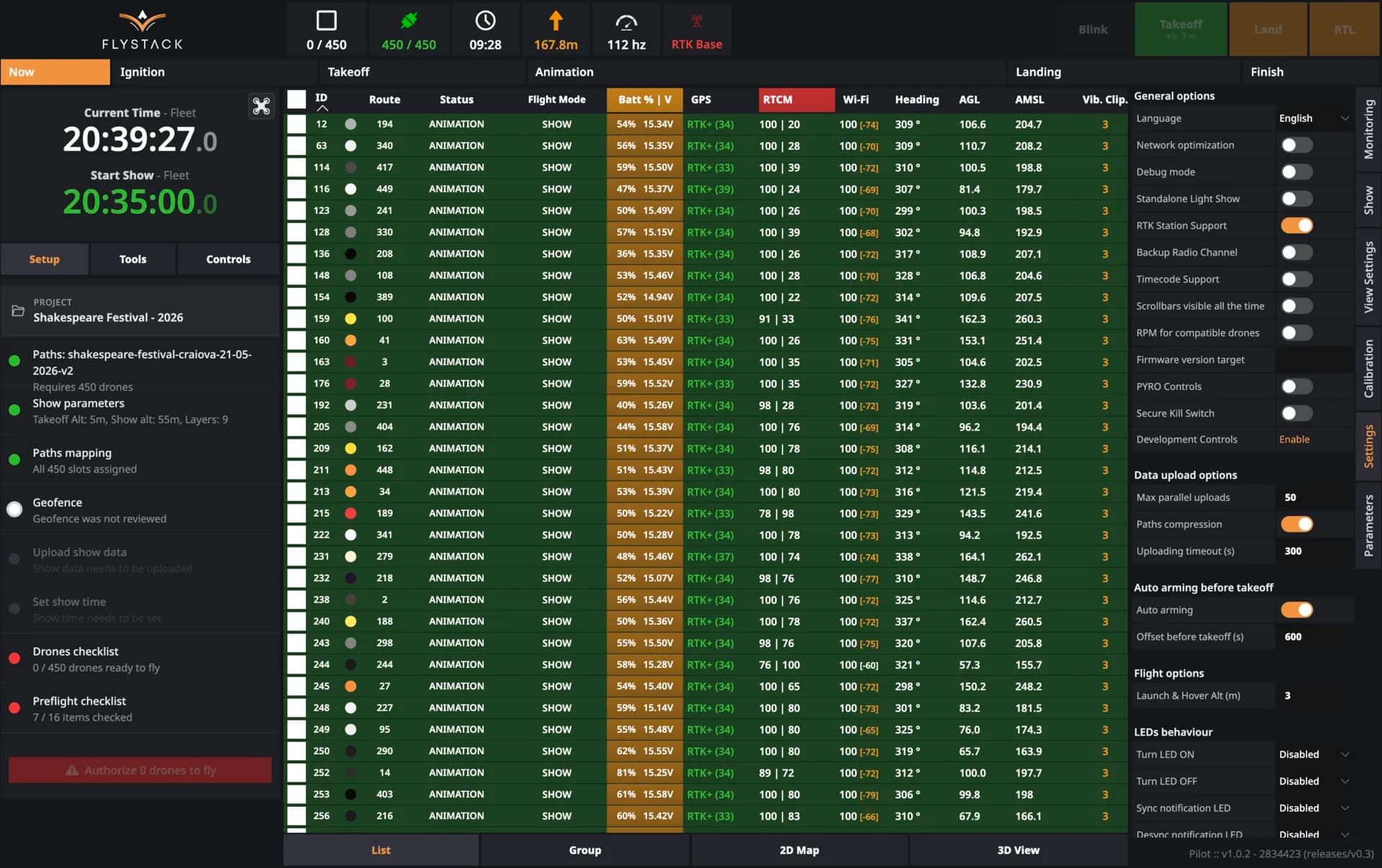 PILOT list view — full interface with the fleet telemetry table, setup wizard and settings sidebar
