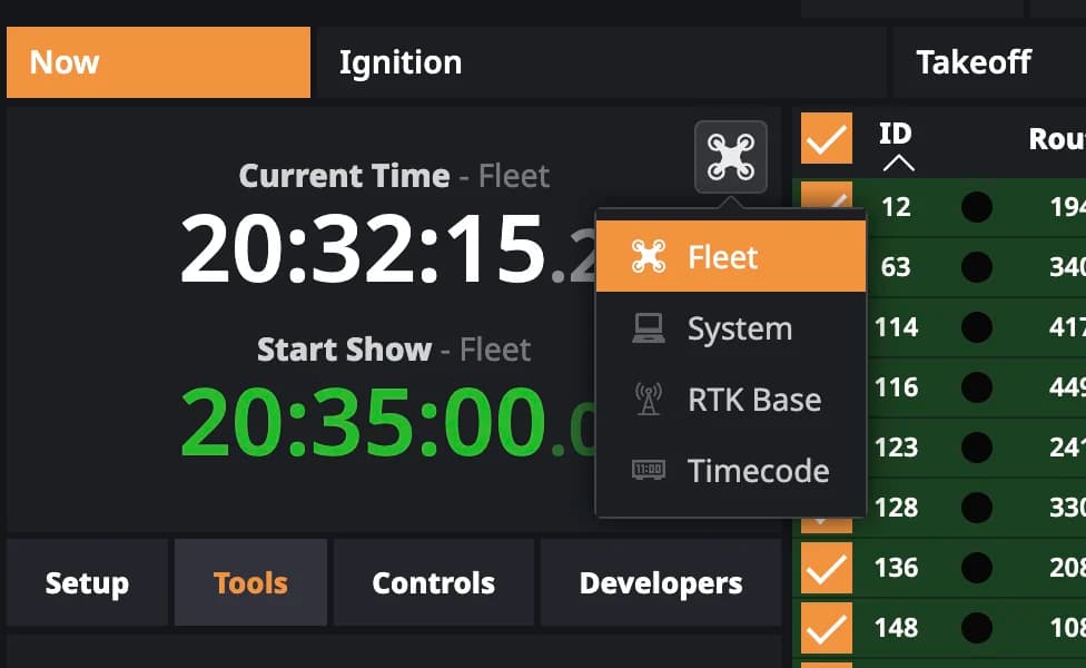 PILOT time-source picker open, showing Fleet, System, RTK Base and Timecode