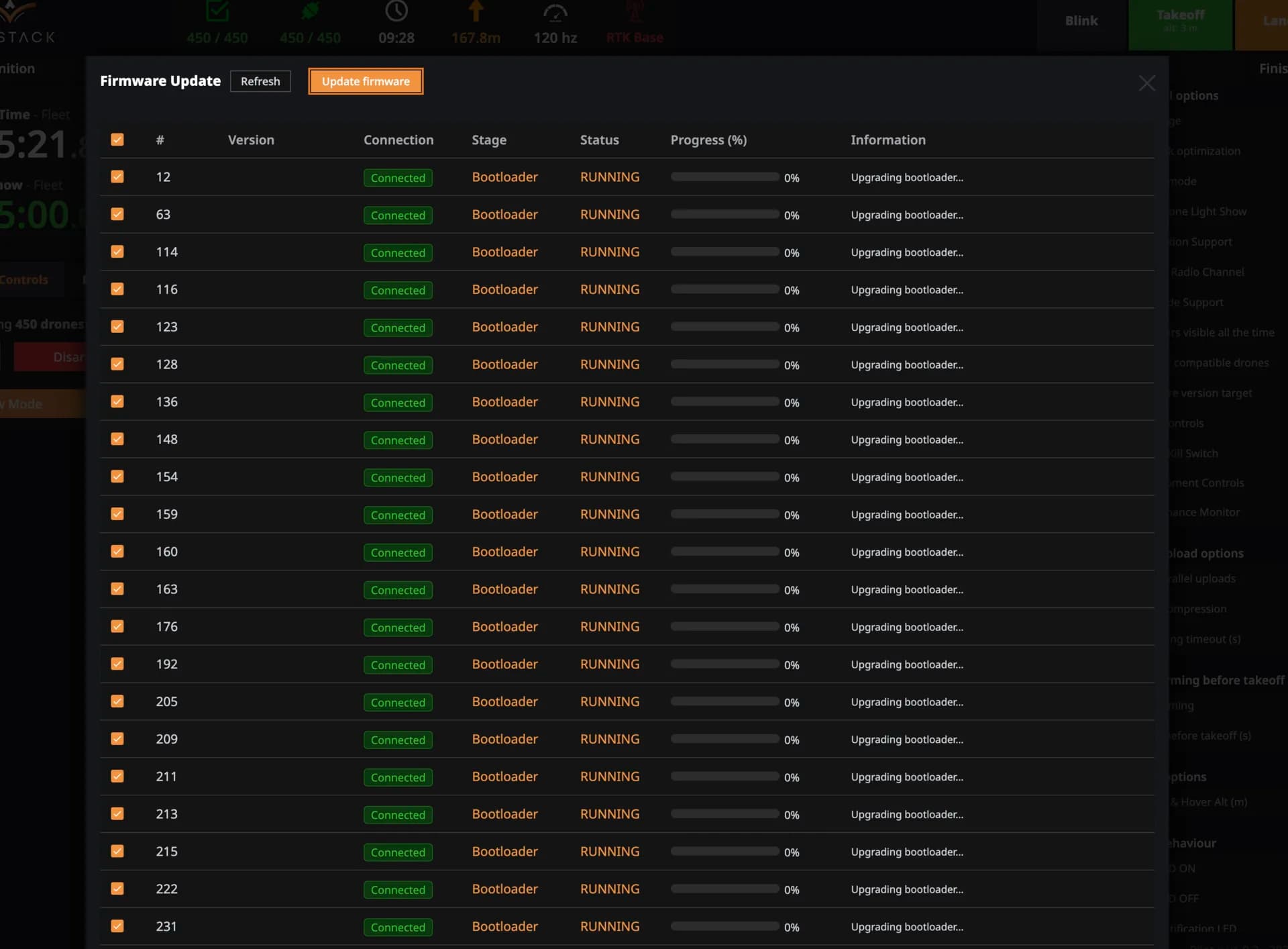 Fleet-wide bootloader upgrade in progress across 450 connected drones