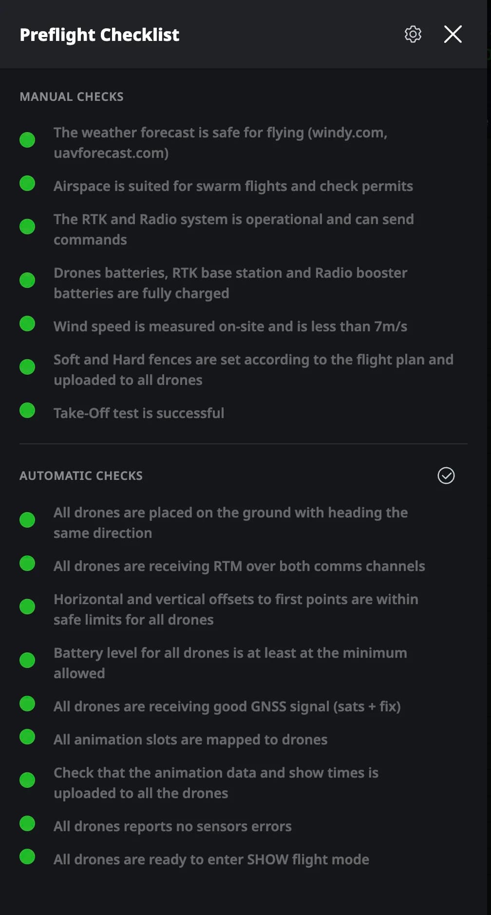 PILOT pre-flight checklist with every manual and automatic check cleared green
