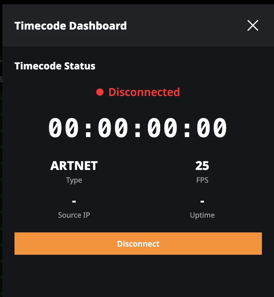 PILOT Timecode Dashboard showing ARTNET type, 25 FPS, source IP and uptime