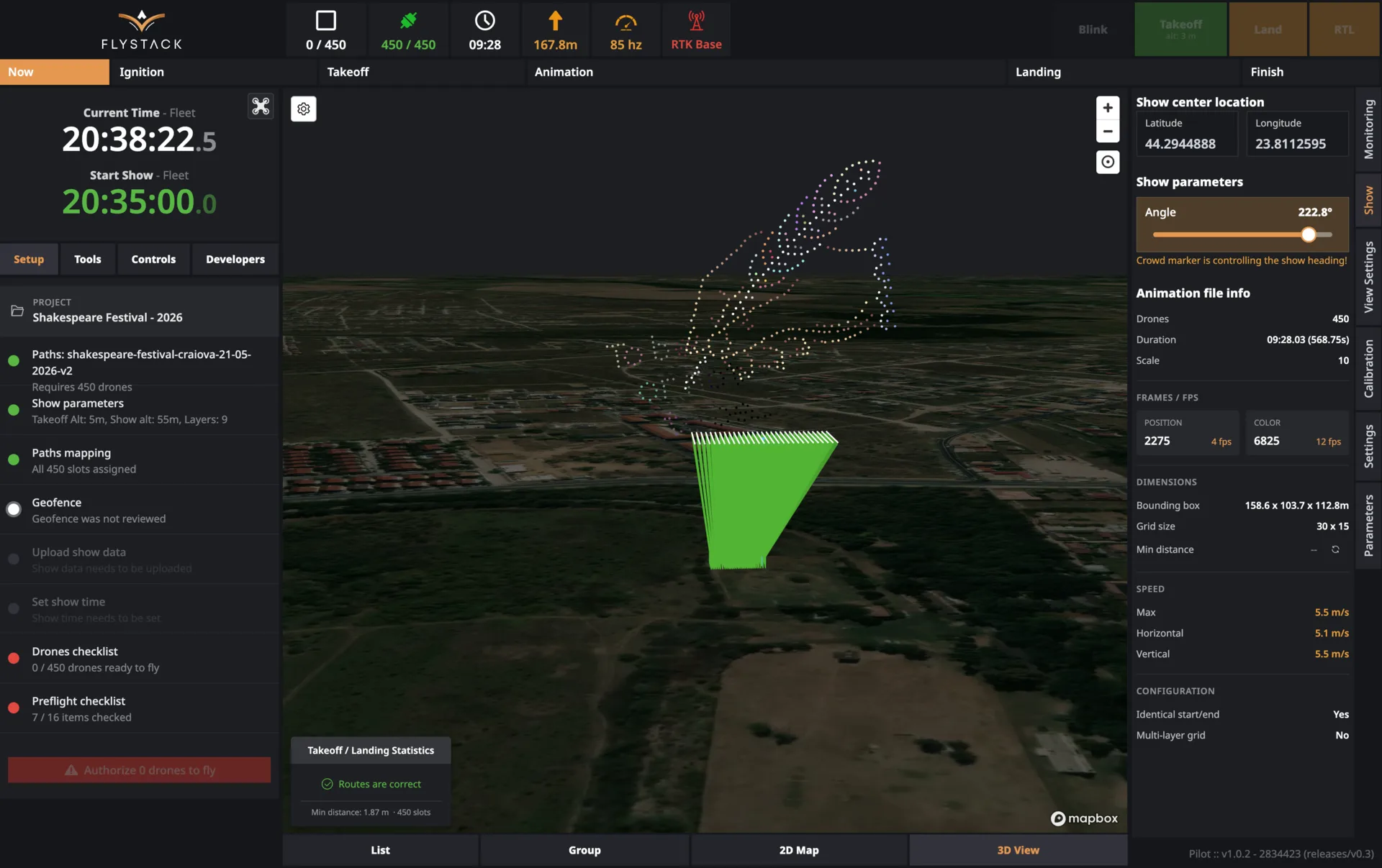 PILOT 3D view — three-dimensional scene with the launch fan rising into the first show frame