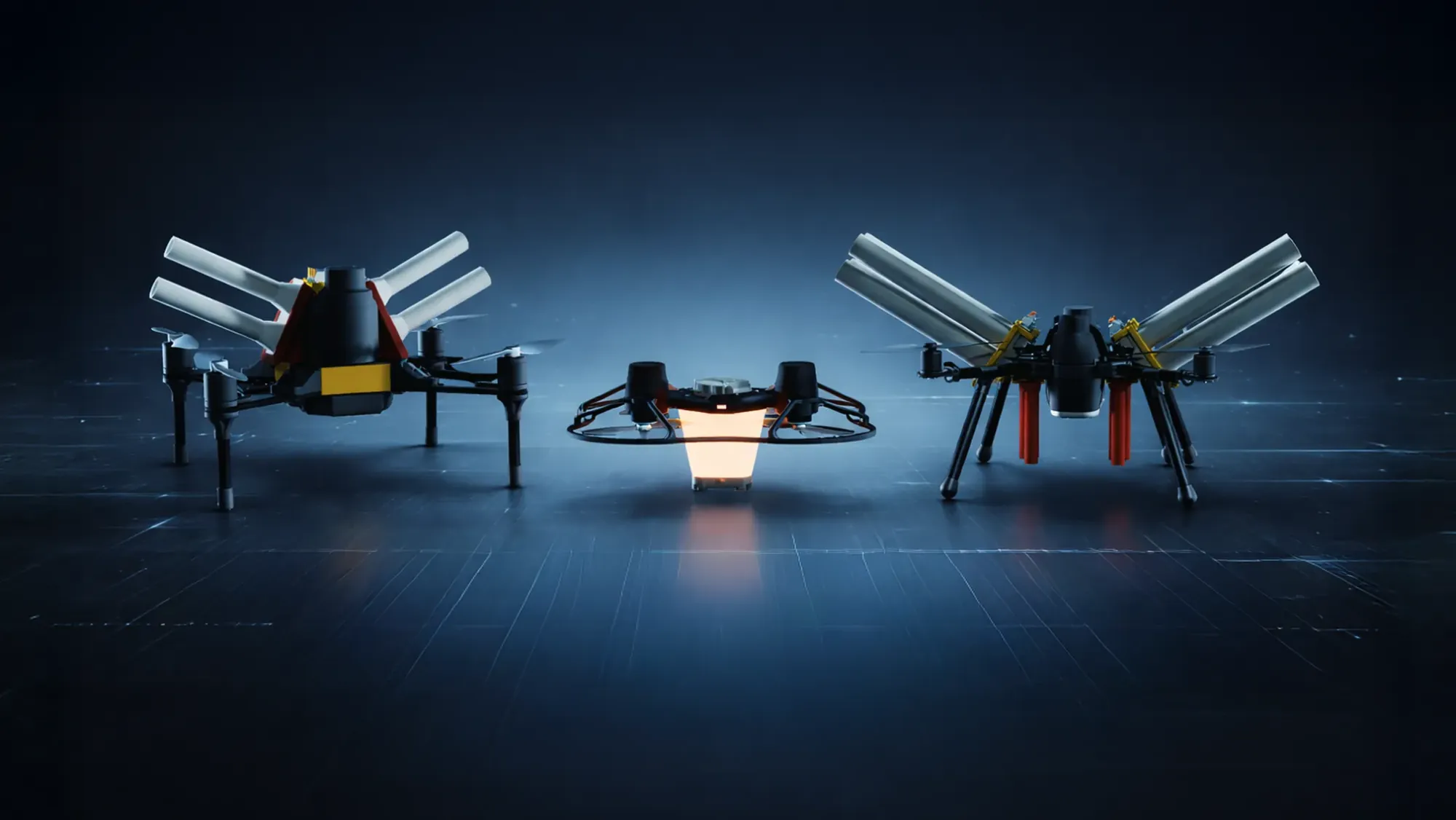 The FLYSTACK hardware platform — three proprietary drones staged in a dark studio