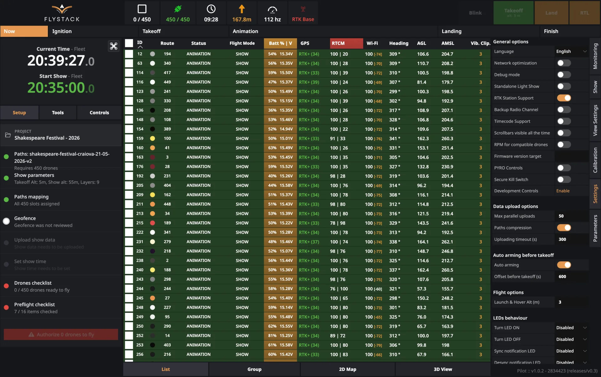 PILOT list view — full interface with the fleet telemetry table, setup wizard and settings sidebar