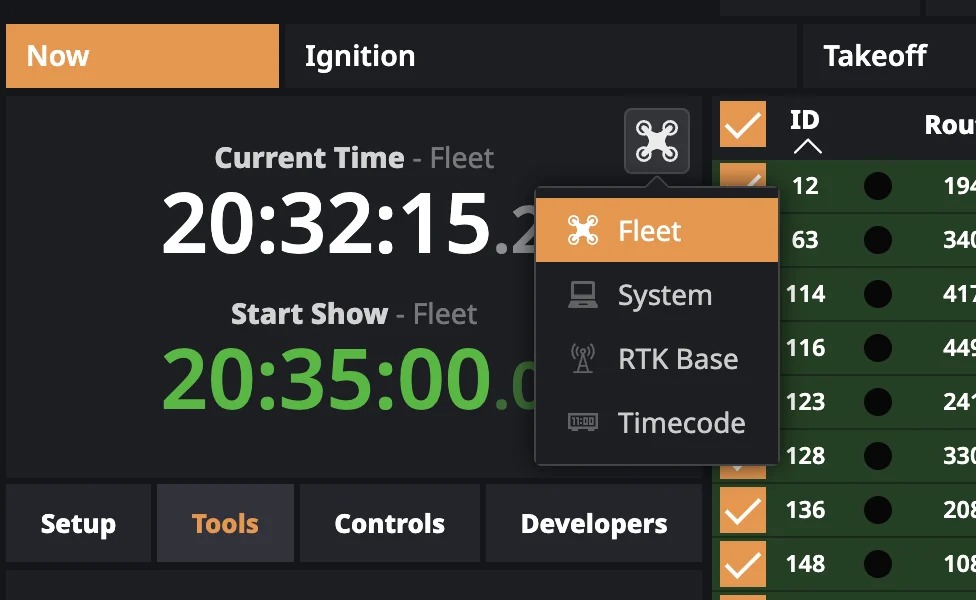 PILOT time-source picker open, showing Fleet, System, RTK Base and Timecode