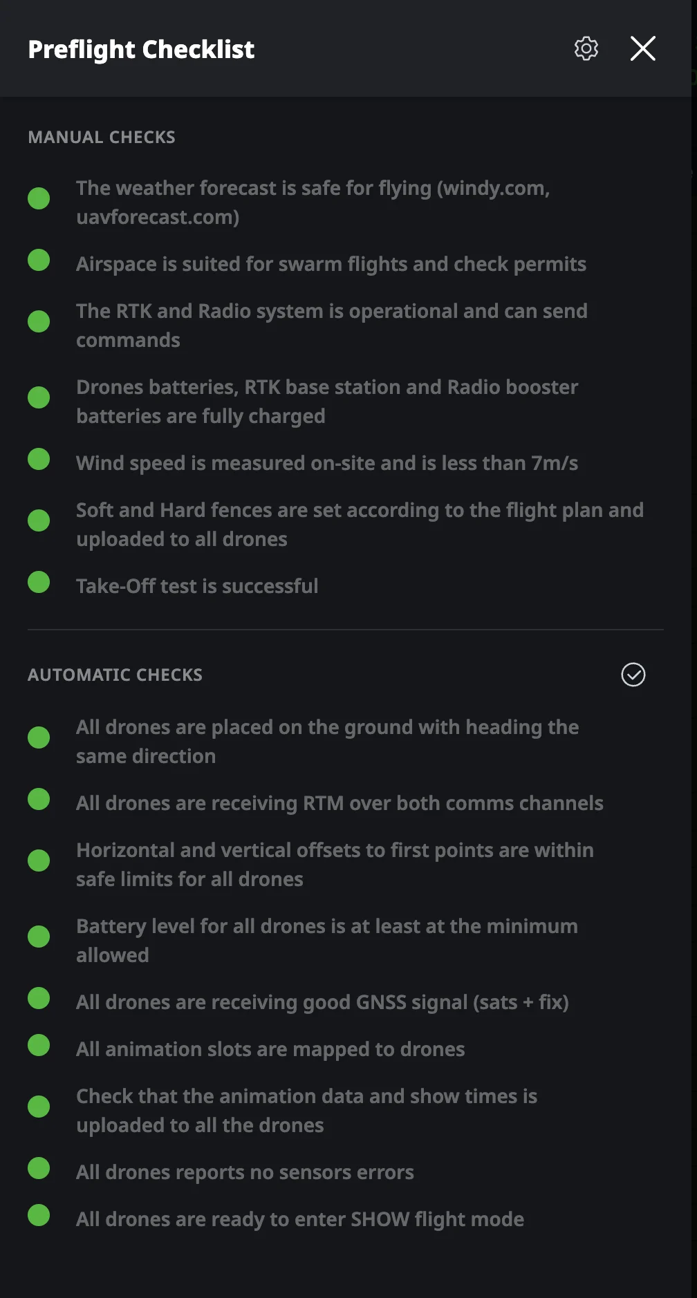 PILOT pre-flight checklist with every manual and automatic check cleared green