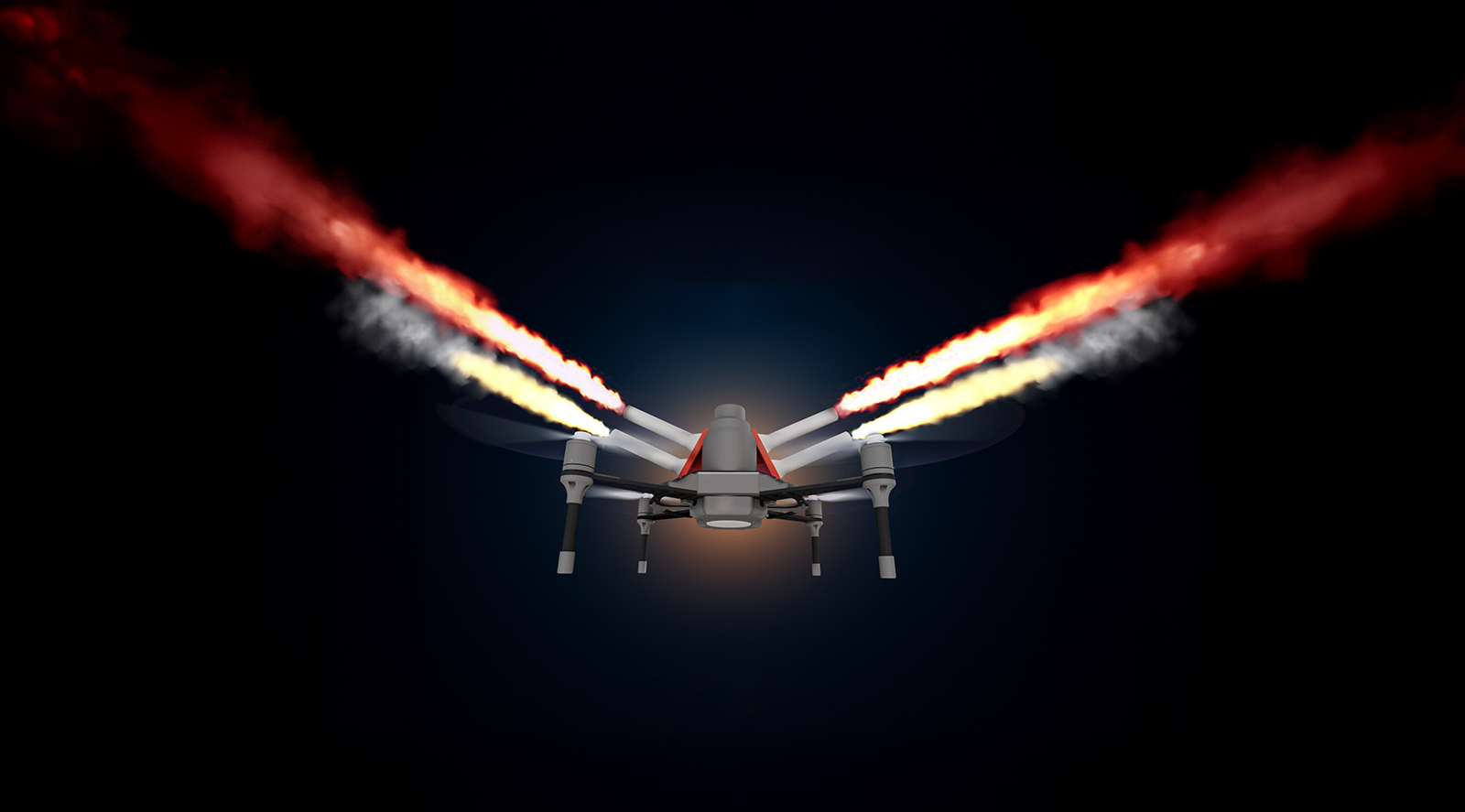 MD6 drone in flight trailing pyrotechnic fire