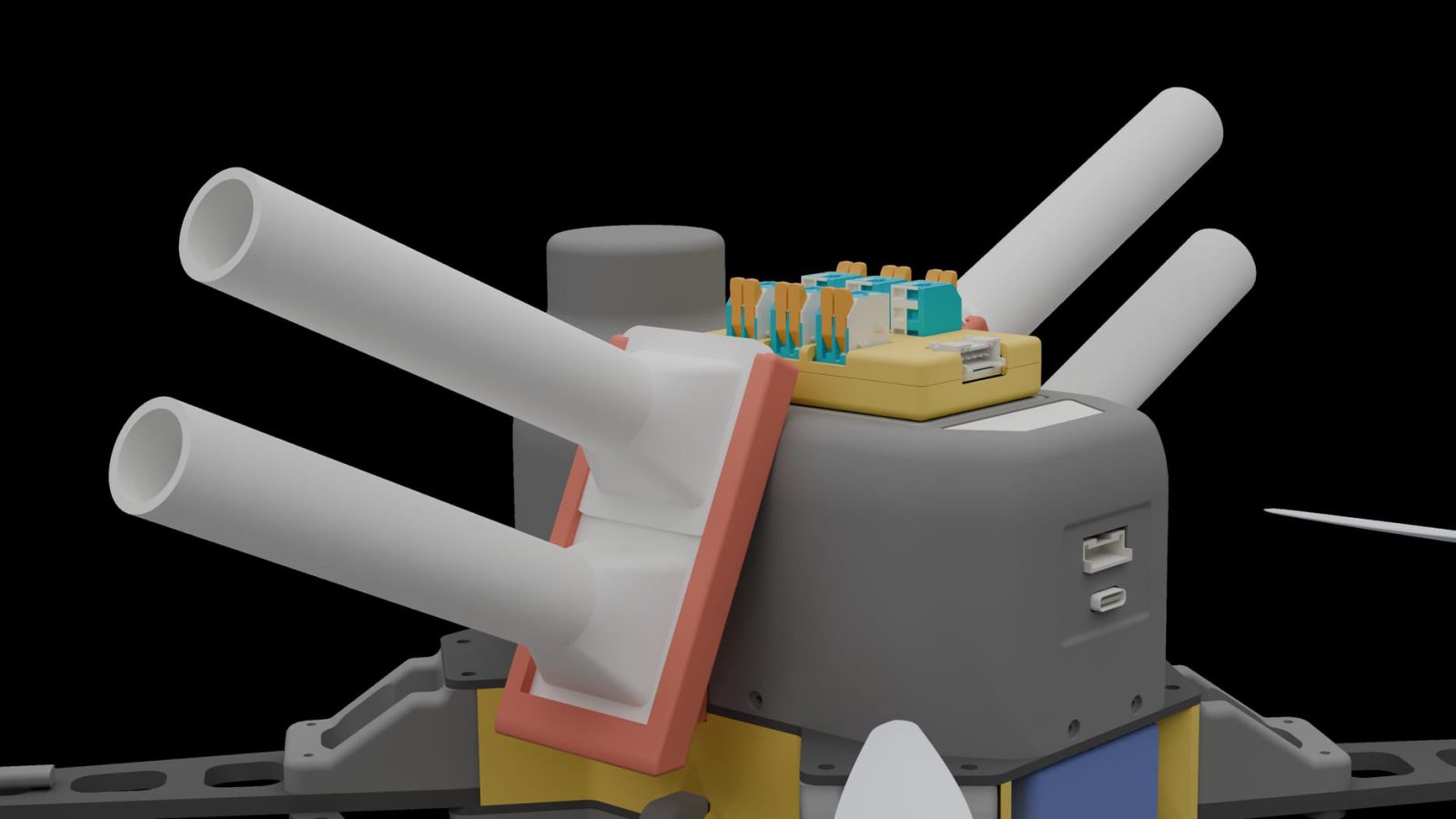 MD6 pyrotechnic tubes and electronics, close up
